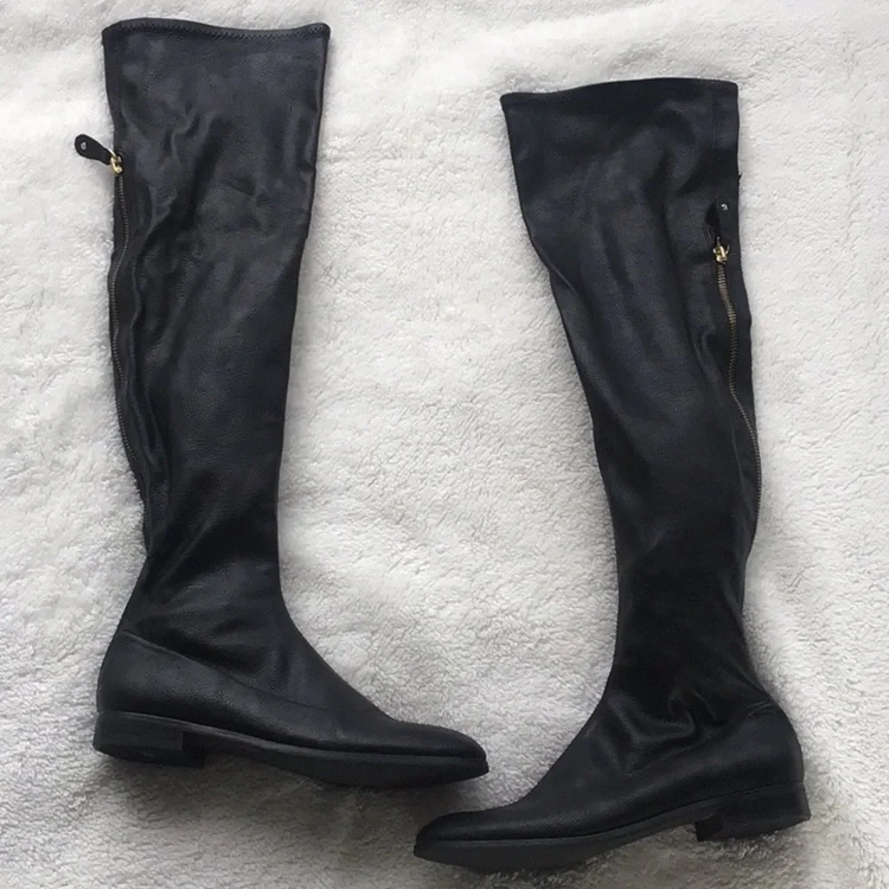 Black Over-the-Knee faux leather flat stretchy Women's Boots